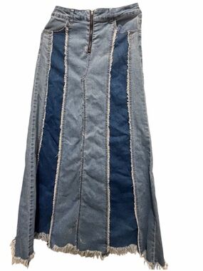Litz Two-Tone Blue Denim Patchwork Maxi Skirt sz:28 - Pre-Loved